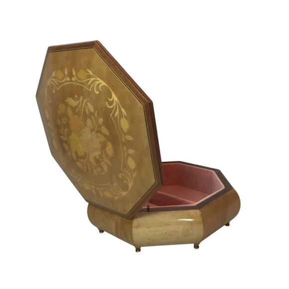 Vintage Reuge Swiss Music Jewelry Box Octagonal Design Floral Inlay & Velvet - Picture 13 of 15